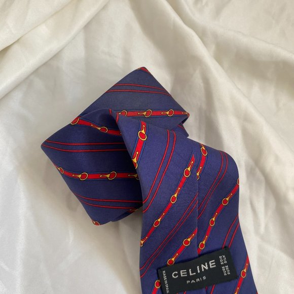 Celine Paris blue red stripped silk luxury men's neck tie - Picture 5 of 9